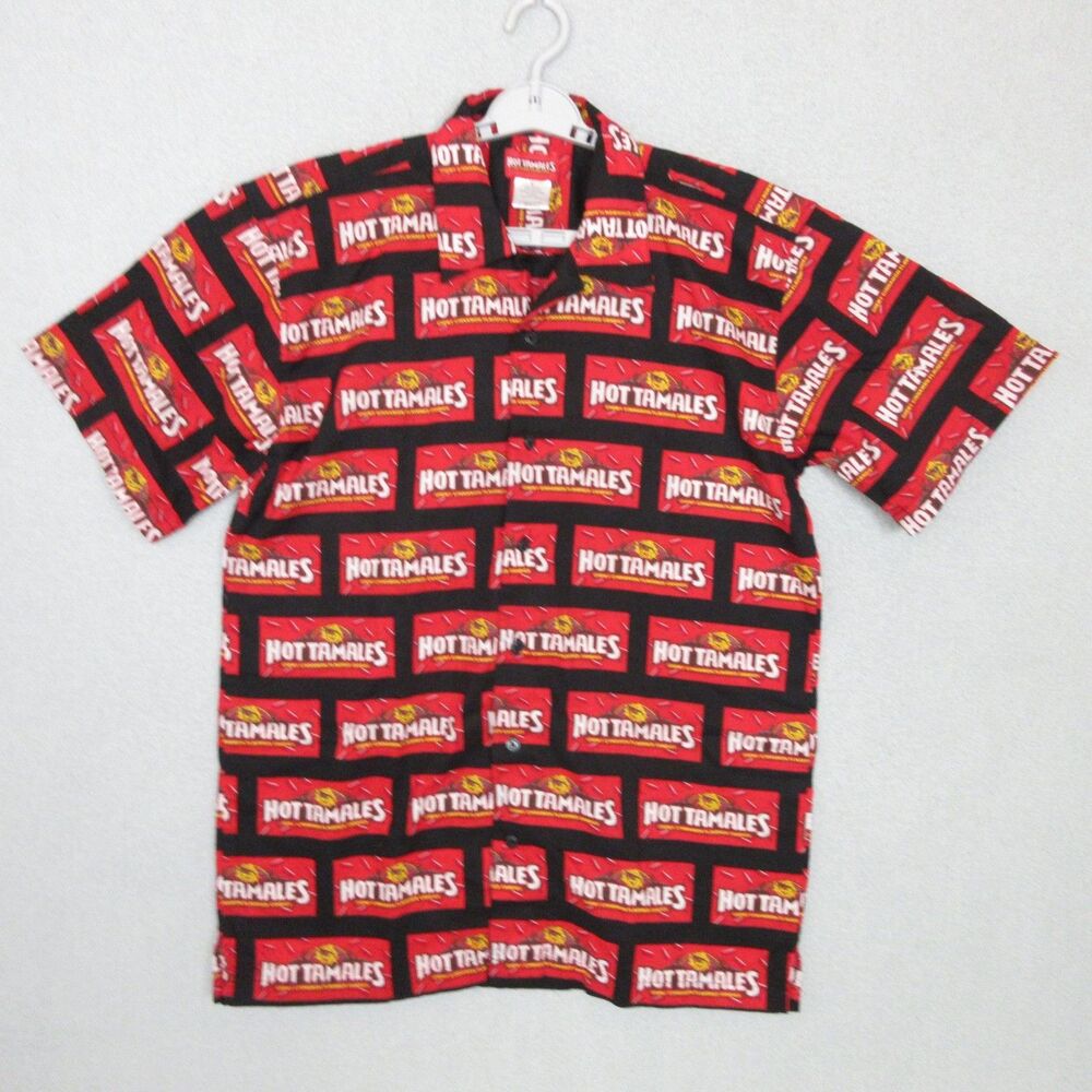 Hot Tamales Shirt Mens L 100% Cotton Short Sleeve Novelty Candy Print Red Black